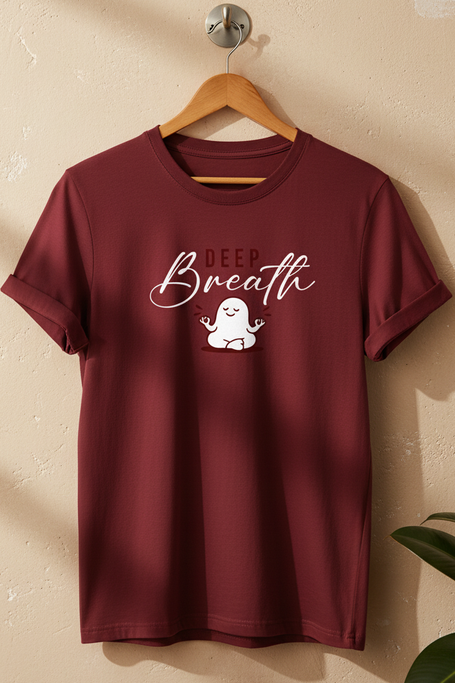 A maroon short-sleeve t-shirt hanging on a wooden hanger against a textured beige wall. The shirt features a white graphic print on the chest that reads 'DEEP Breath' above a small cartoon ghost meditating.