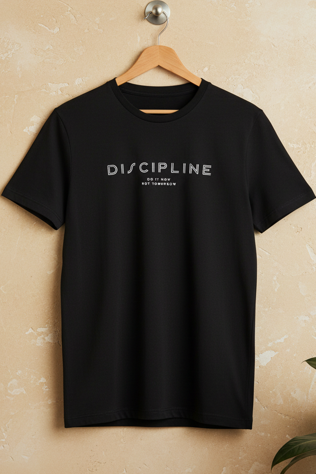 A black short-sleeve crewneck t-shirt hanging on a wooden hanger against a textured beige wall. The shirt features the word 'DISCIPLINE' printed in white across the chest, with smaller text underneath reading 'DO IT NOW.