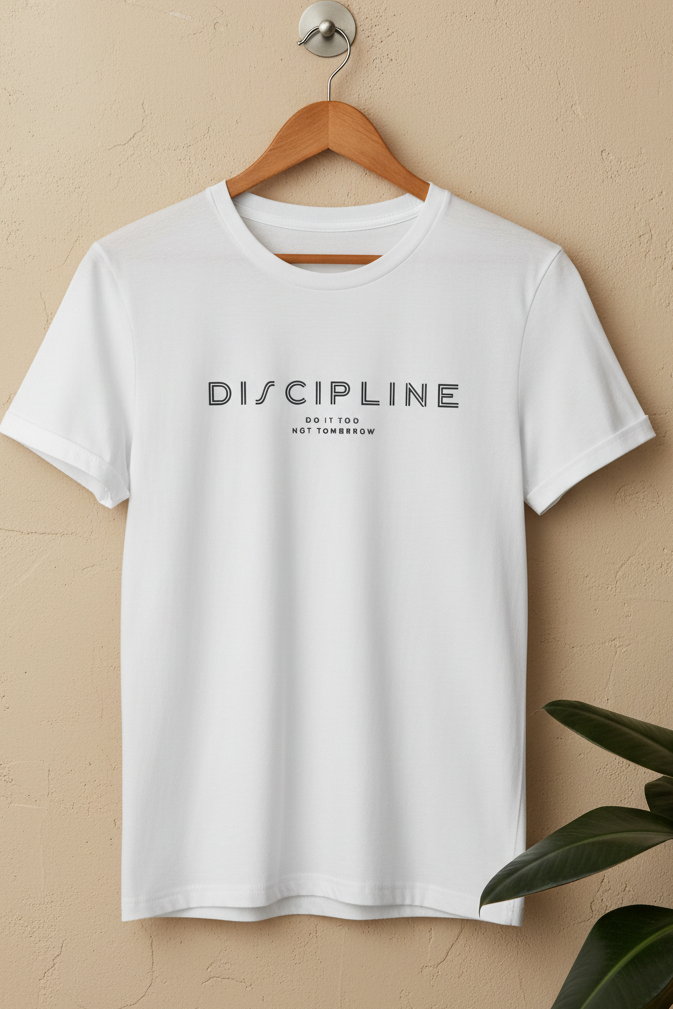 A white short-sleeve crewneck t-shirt hanging on a wooden hanger against a textured beige wall, featuring the word 'DISCIPLINE' and the phrase 'DO IT FOR NOT TOMORROW' printed in gray on the chest.