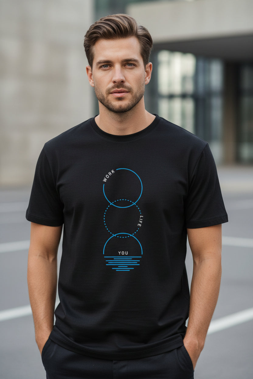 Work Life You Unisex Classic Crew T-Shirt - front view, black, 100% cotton, OWLKART