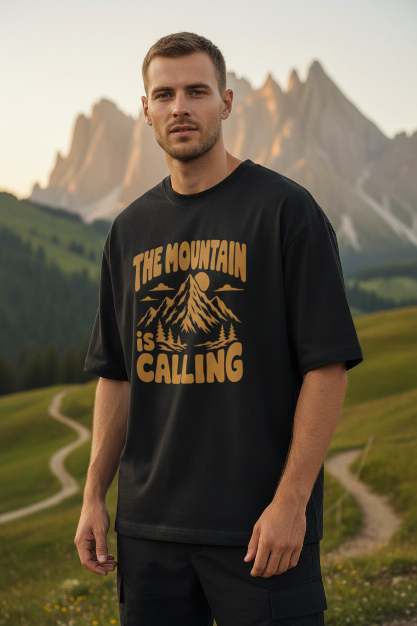 Mountain Calling Unisex Oversized T-Shirt - front view, black,  180 GSM  cotton, OWLKART