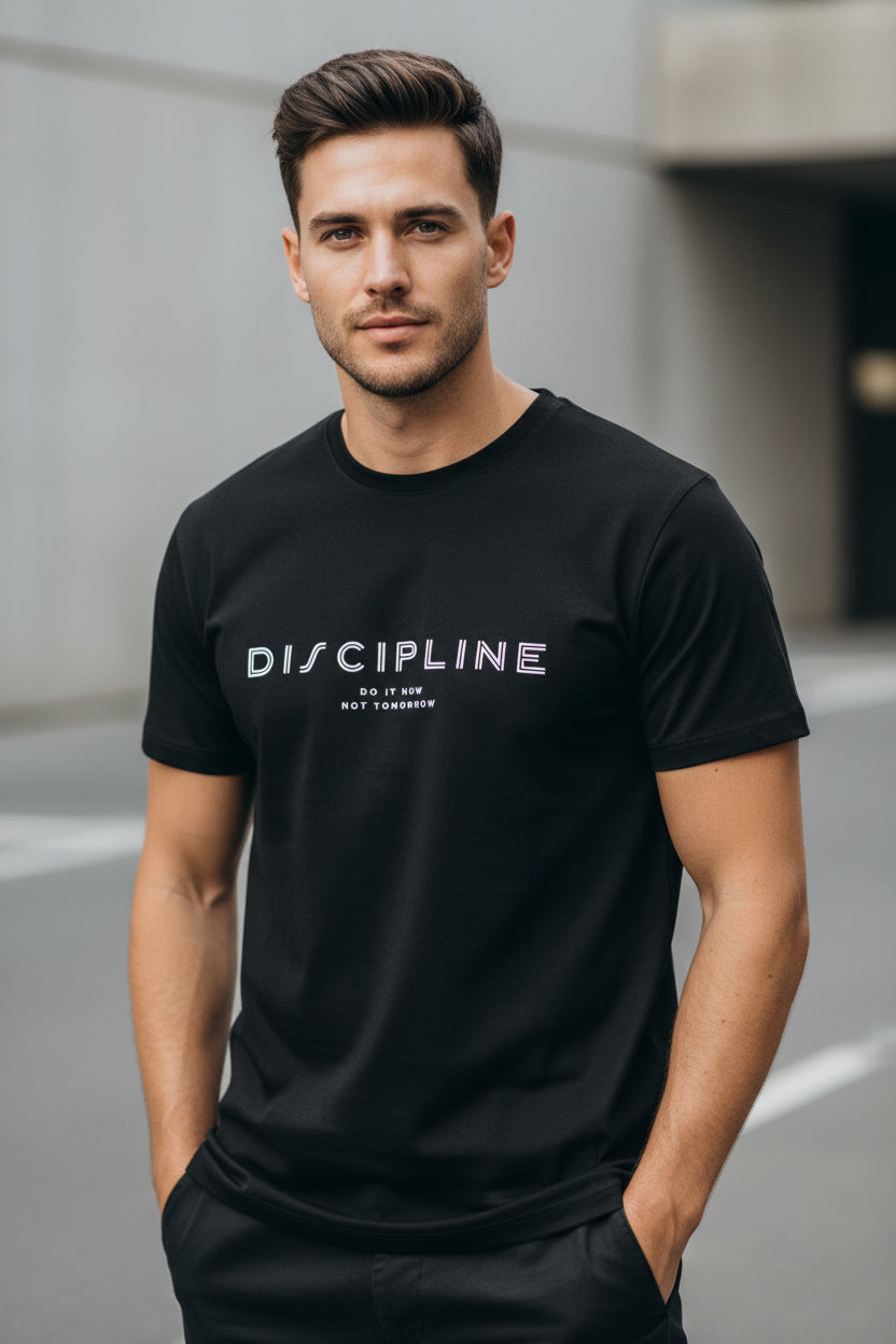 Discipline Unisex Classic Crew T-Shirt - front view, black, 100% cotton, OWLKART