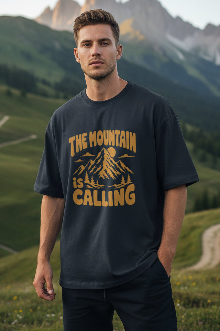 Mountain Calling Unisex Oversized T-Shirt - front view, navy blue,  180 GSM  cotton, OWLKART