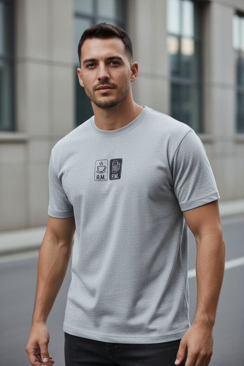 AM PM Unisex Classic Crew T-Shirt - front view, grey, 100% cotton, OWLKART