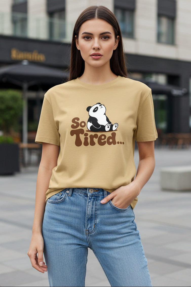  Panda Unisex Classic Crew T-Shirt - front view, beige, 100% cotton, OWLKART