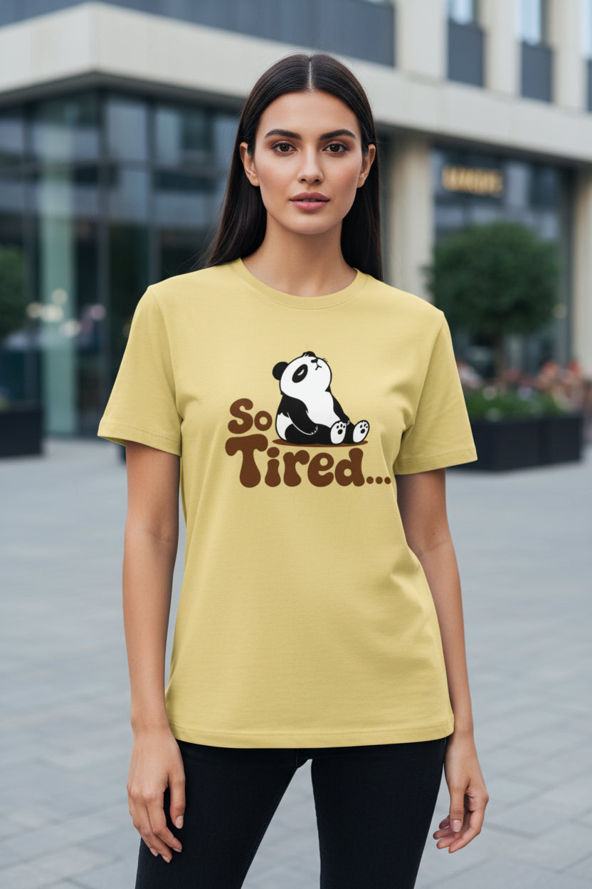 Tired Panda Unisex Classic Crew T-Shirt - front view, white, 100% cotton, OWLKART
