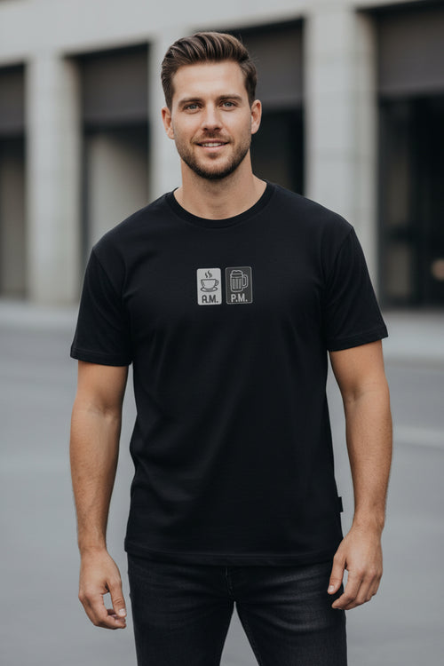 AM PM Unisex Classic Crew T-Shirt - front view, black, 100% cotton, OWLKART