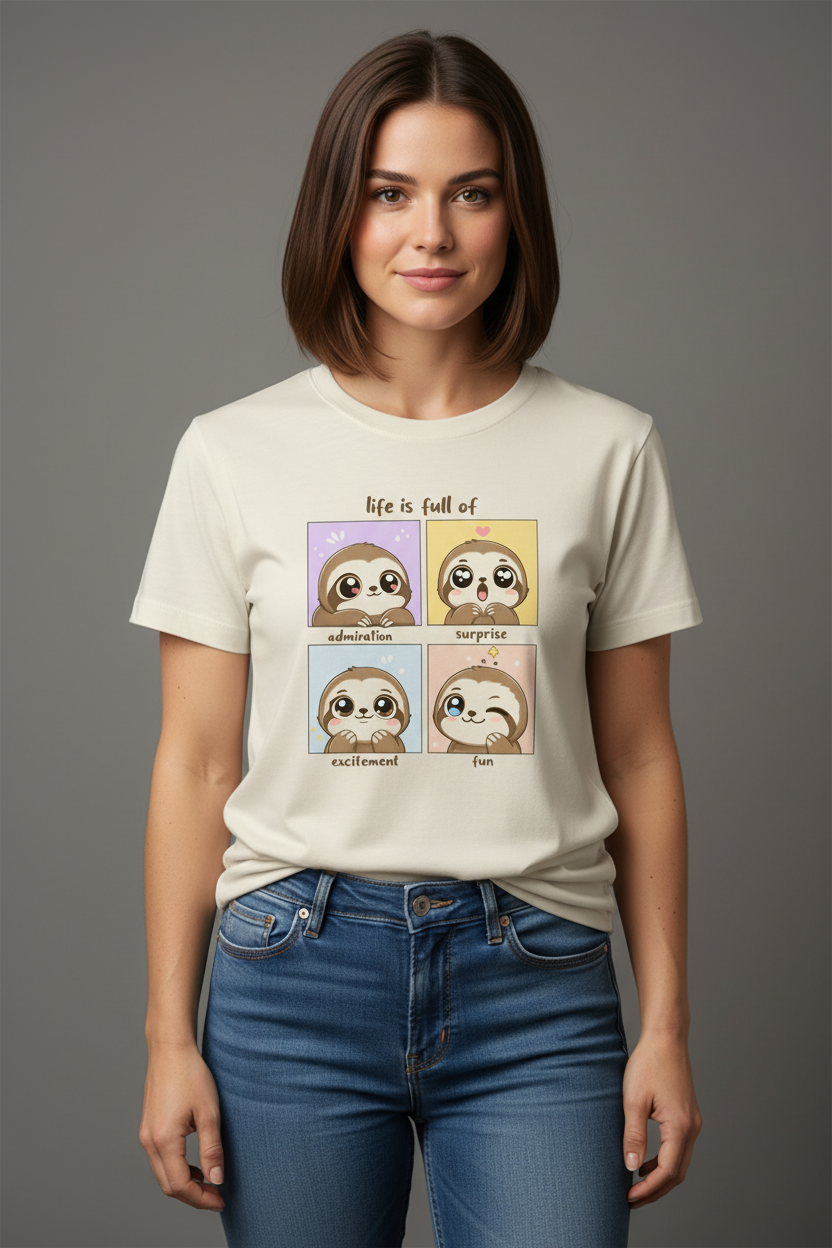 A woman with shoulder-length brown hair models a cream-colored graphic t-shirt paired with blue jeans against a solid gray studio background. The t-shirt features a cute cartoon sloth graphic with four panels labeled 'adventure', 'surprise', 'excitement', and 'fun' under the text 'life is full of'.