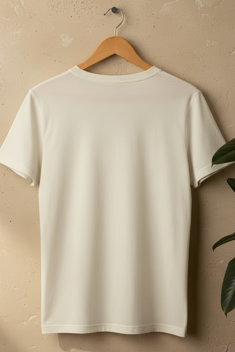 A plain white short-sleeve crewneck t-shirt hanging on a wooden hanger against a textured beige wall, with a green plant leaf visible on the right side.