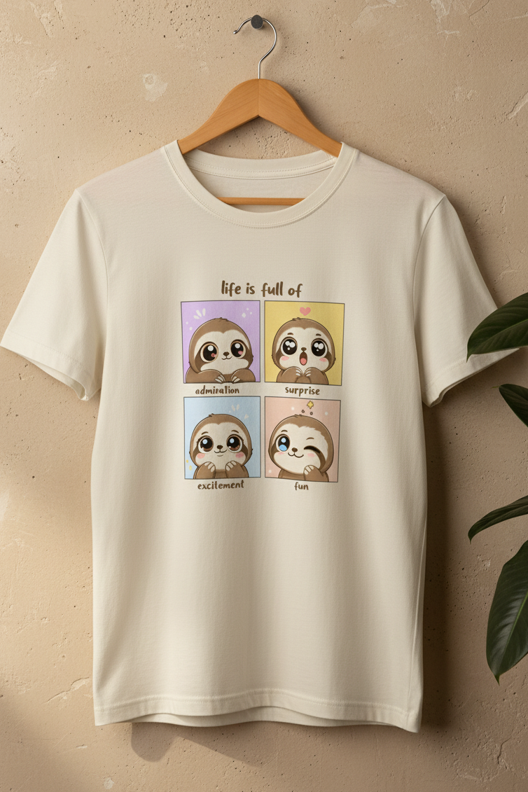 An off-white short-sleeve t-shirt hanging on a wooden hanger against a textured beige wall, featuring a cute cartoon sloth graphic with the text 'life is full of'.