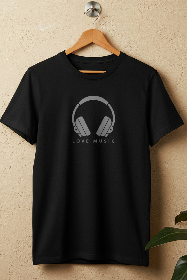 A black short-sleeve crewneck t-shirt hanging on a wooden hanger against a textured beige wall. The shirt features a gray graphic of over-ear headphones with the text 'LOVE MUSIC' printed underneath.