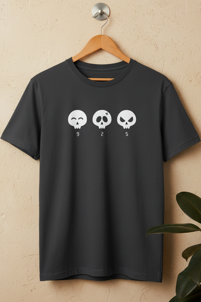 A dark charcoal gray t-shirt hanging on a wooden hanger against a textured beige wall, featuring a graphic of three white skulls with numbers 9, 2, and 5 printed below them.