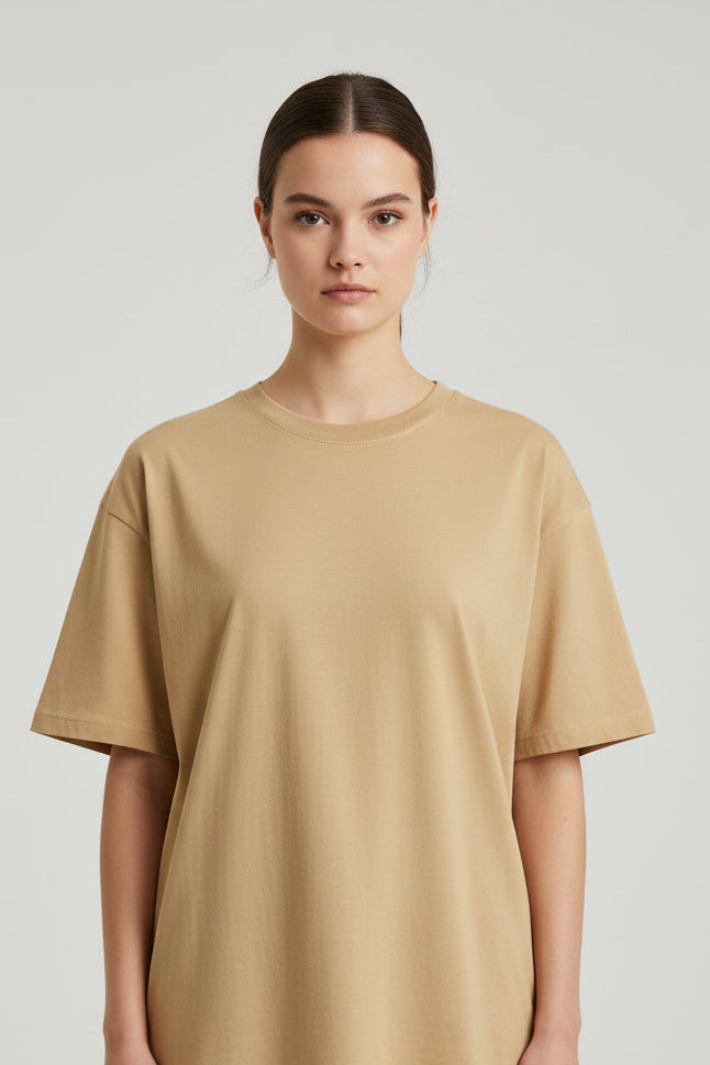 OWLKART unisex Classic Crew Neck T-Shirt in Beige, 100% Cotton, 180 GSM, Regular Fit, Plain T-Shirt Front View