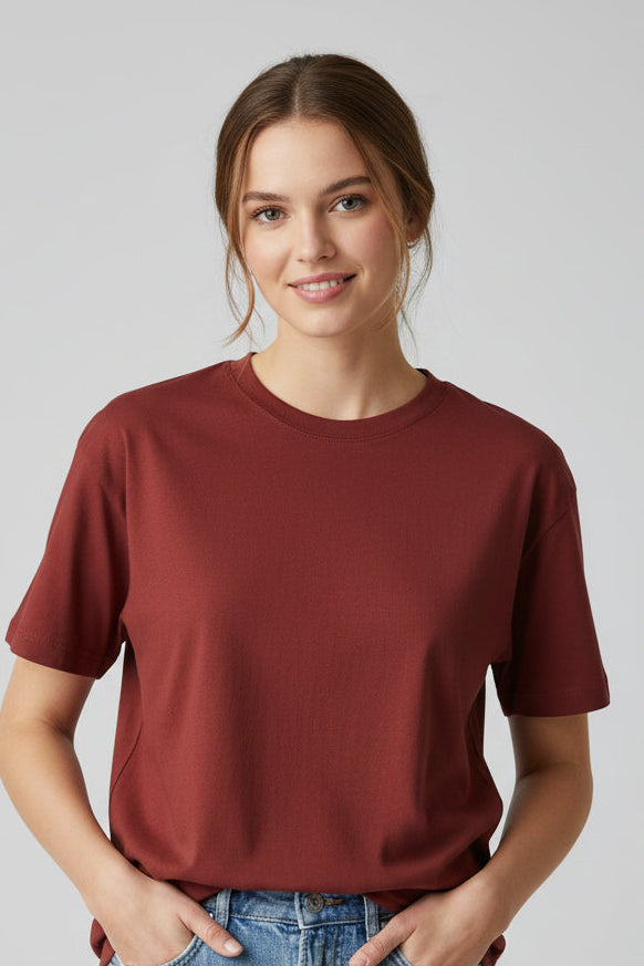 OWLKART unisex Classic Crew Neck T-Shirt in Bricks Red, 100% Cotton, 180 GSM, Regular Fit, Plain T-Shirt Front View