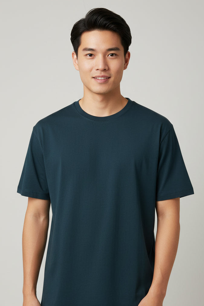 OWLKART unisex Classic Crew Neck T-Shirt in Petrol Blue, 100% Cotton, 180 GSM, Regular Fit, Plain T-Shirt Front View