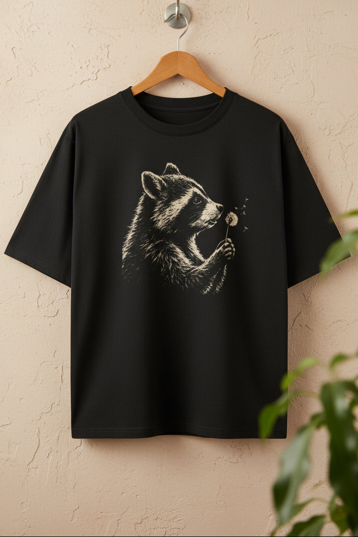 The Curious Raccoon | Oversized Tee , black