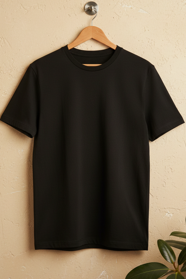 A plain black short-sleeve crewneck t-shirt hanging on a wooden hanger against a textured beige wall, with a green plant leaf visible in the bottom right corner.