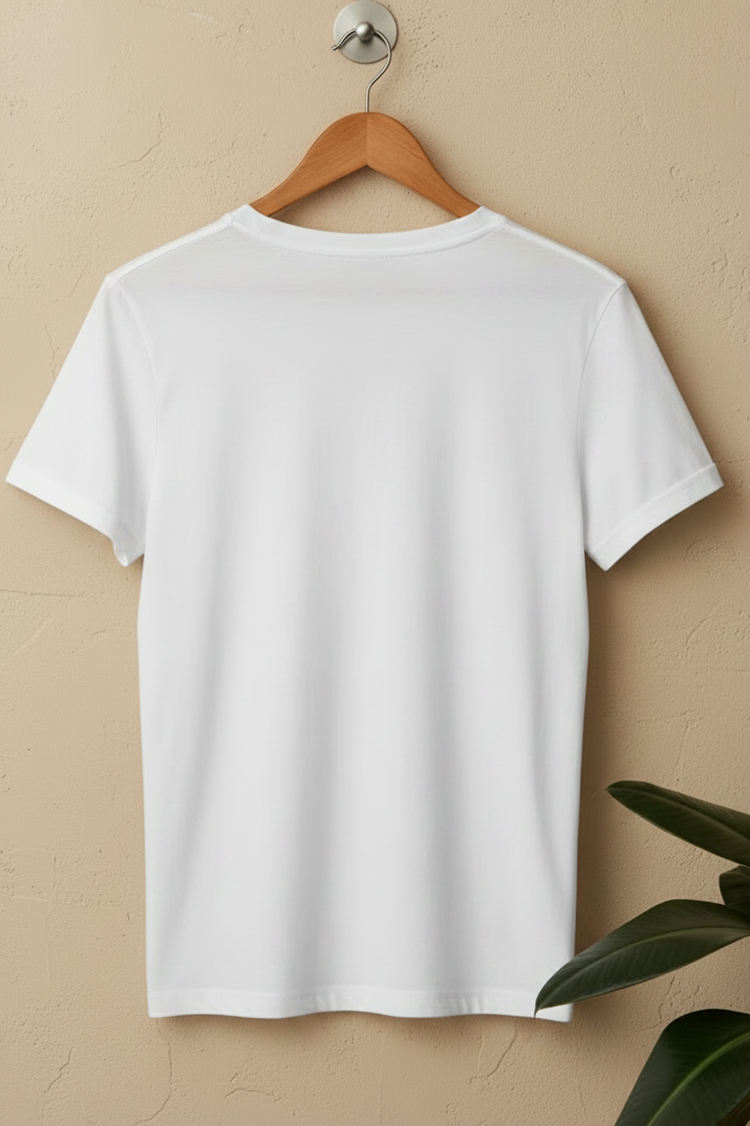 A plain white short-sleeve crewneck t-shirt hanging on a wooden hanger against a textured beige wall, with a green plant leaf visible in the lower right corner.